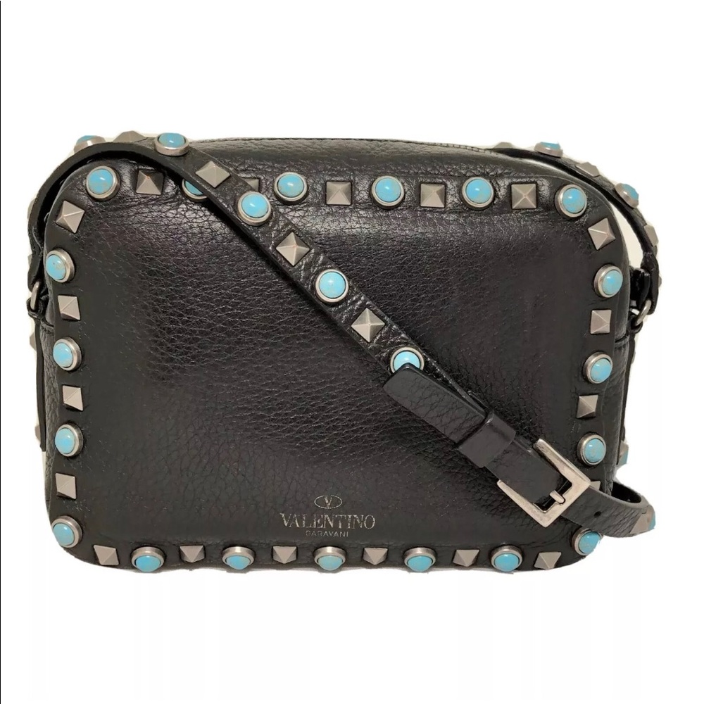 Valentino Black Rockstud Turquoise Crossbody Camera Bag